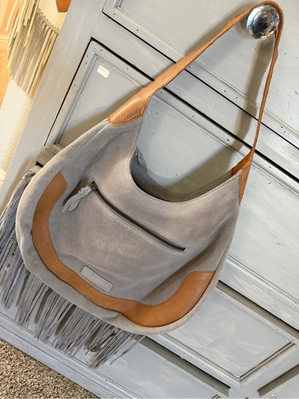 Myra Bag Gray Suede Fringe Shoulder Bag with Tan Trim - Picture 4 of 4